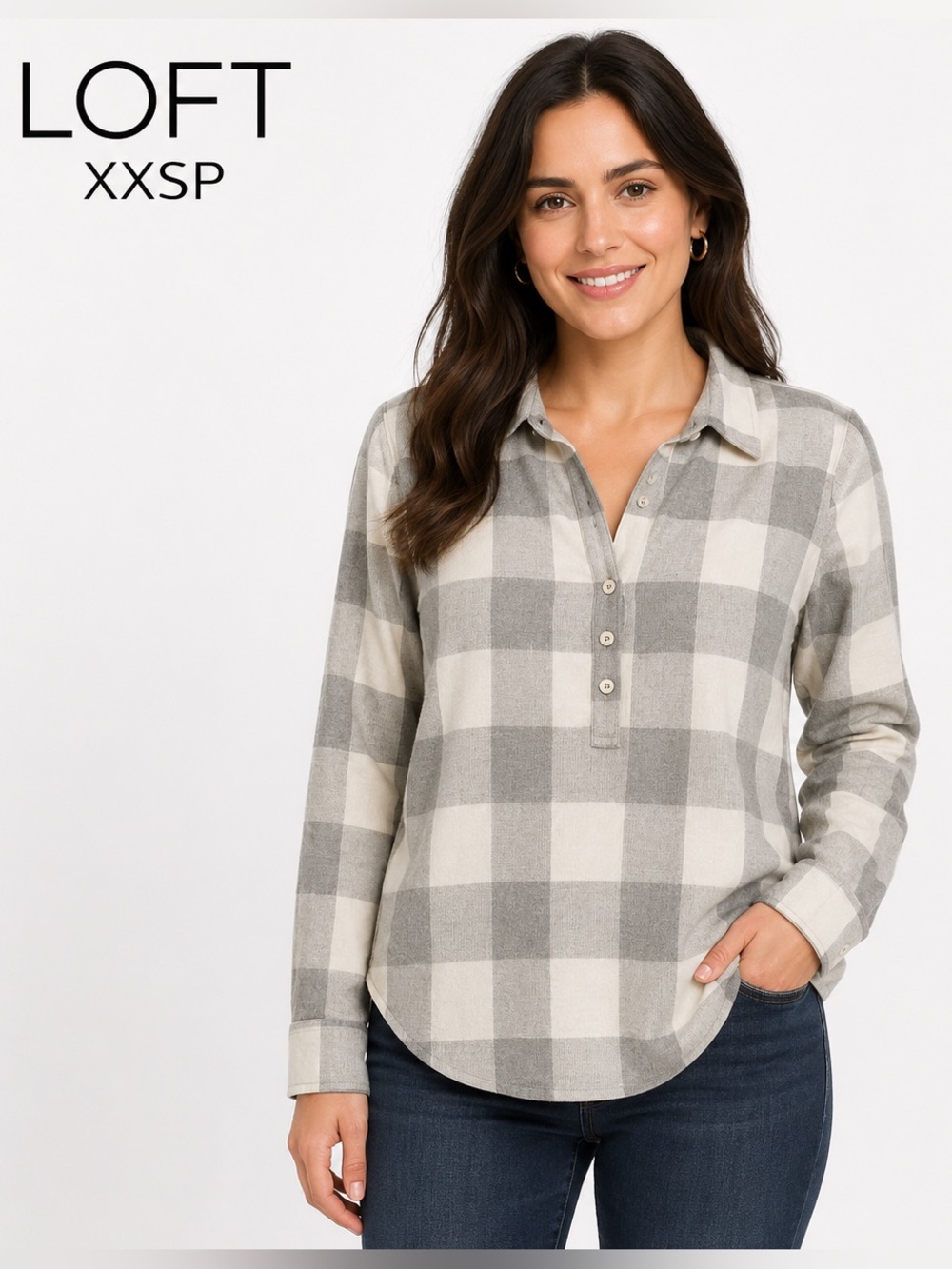 LOFT women Gray and White Plaid long sleeve Shirt/size XXSP